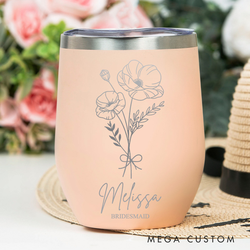 Personalized Bridesmaid Birth Flower Wine Tumbler Custom Bride Month Flower Wine Tumbler Maid of Honor Bachelorette Party Favor Bridal Shower Gift