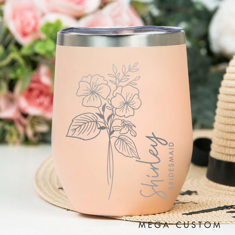 Personalized Bridesmaid Elegant Birth Flower Wine Tumbler Custom Bride Month Flower Wine Tumbler Maid of Honor Bachelorette Party  Bridal Shower Favor