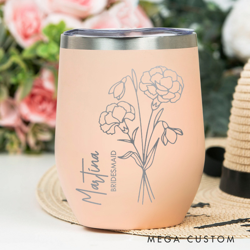 Personalized Bridesmaid Stylish Birth Flower Wine Tumbler Engraved Bride Month Flower Wine Tumbler Maid of Honor Bachelorette Party Bridal Shower Gift
