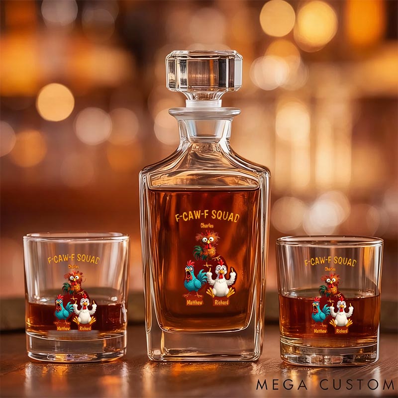 Personalized 3D Effect Funny Chickens F-CAW-F Squad Square Whiskey Bottle Gifts For Pet Lover For Chicken Lover