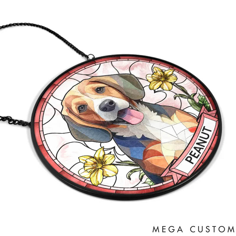 Personalized Birth Flower Dog Cat Portrait Stained Glass Window Hanging Suncatcher Gift for Pet Lover for Dog Lover