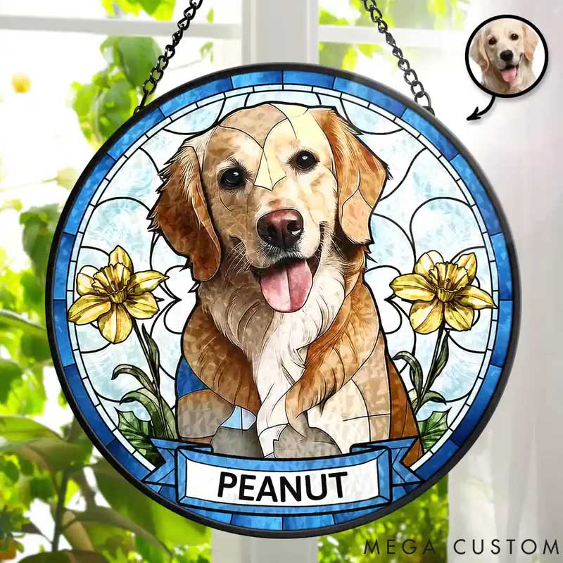 Personalized Birth Flower Dog Cat Portrait Stained Glass Window Hanging Suncatcher Gift for Pet Lover for Dog Lover