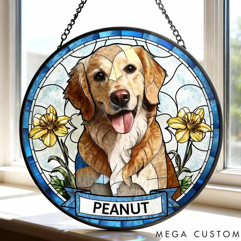 Personalized Birth Flower Dog Cat Portrait Stained Glass Window Hanging Suncatcher Gift for Pet Lover for Dog Lover