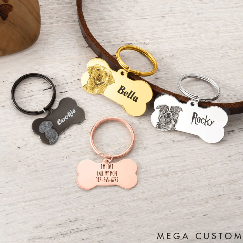 Personalized Bone Shape Photo Design Pet Name Tag with Engraved Text Daily Use Birthday Gift for Dog Owners