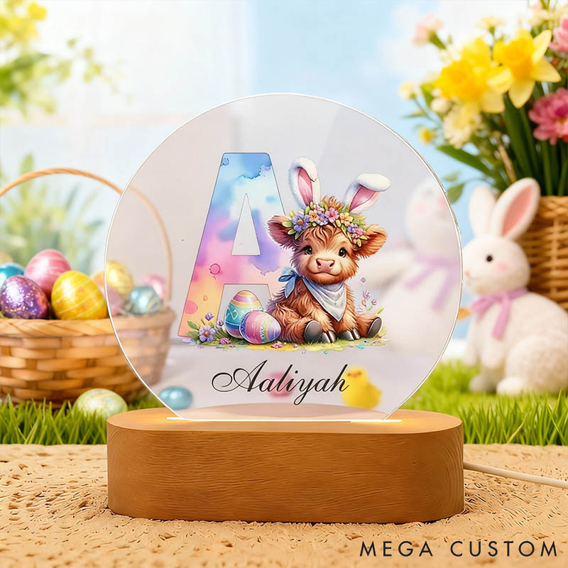 Personalized Bunny Ears Highland Cow Easter Egg LED Night Light with Name and Wooden Base Nursery Decor Easter Gift for Kids