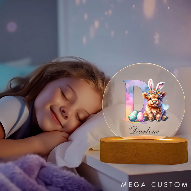 Personalized Bunny Ears Highland Cow Easter Egg LED Night Light with Name and Wooden Base Nursery Decor Easter Gift for Kids