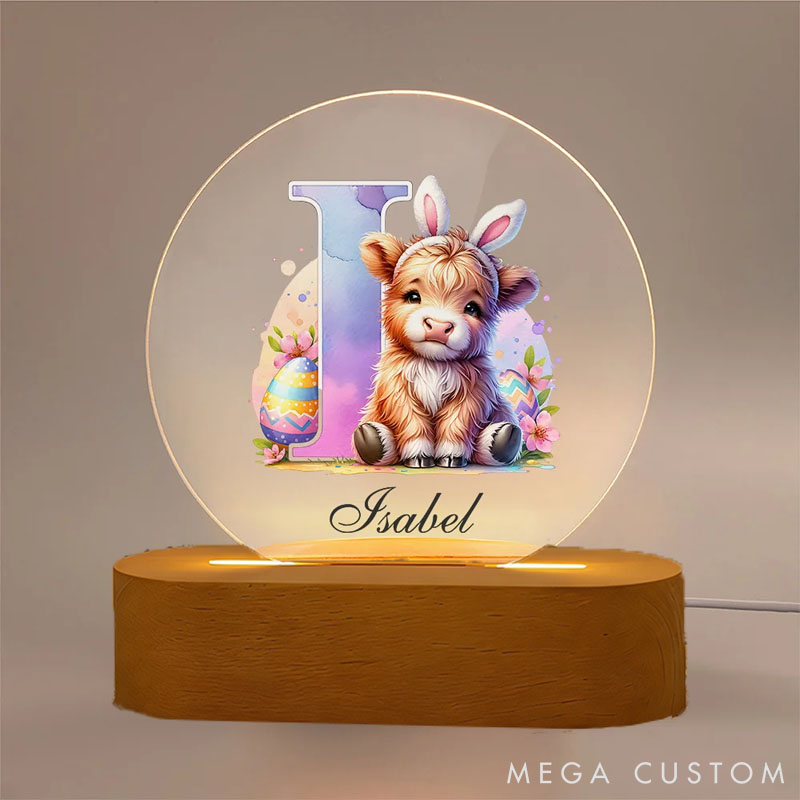 Personalized Bunny Ears Highland Cow Easter Egg LED Night Light with Name and Wooden Base Nursery Decor Easter Gift for Kids