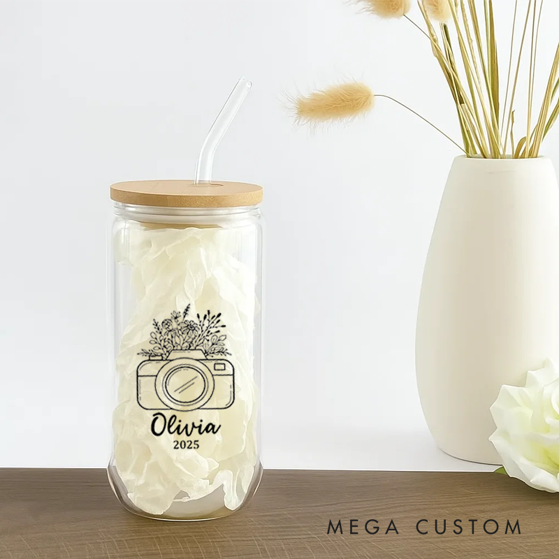 Personalized Camera Water Glasses Custom Name Gift for Photography Lovers Family Friends Lovers for Birthday Holiday Unique Presents