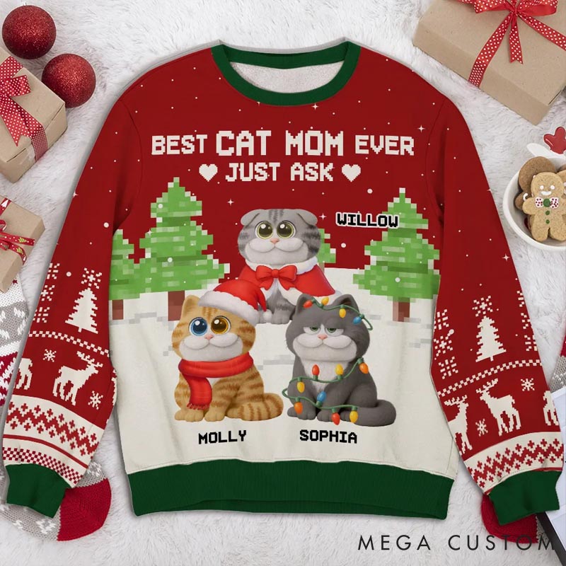 Personalized Cat Lover Best Chunky Cat Mom Christmas Ugly Sweatshirt