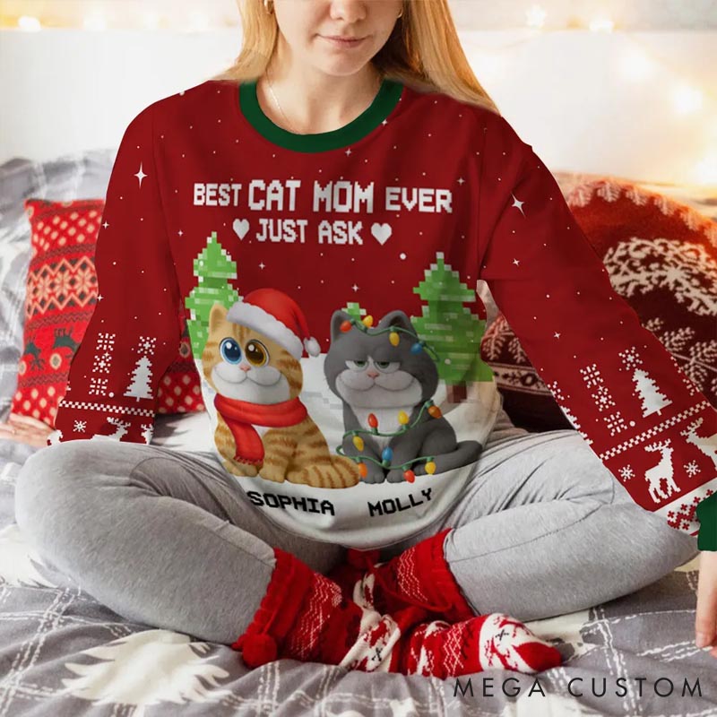 Personalized Cat Lover Best Chunky Cat Mom Christmas Ugly Sweatshirt