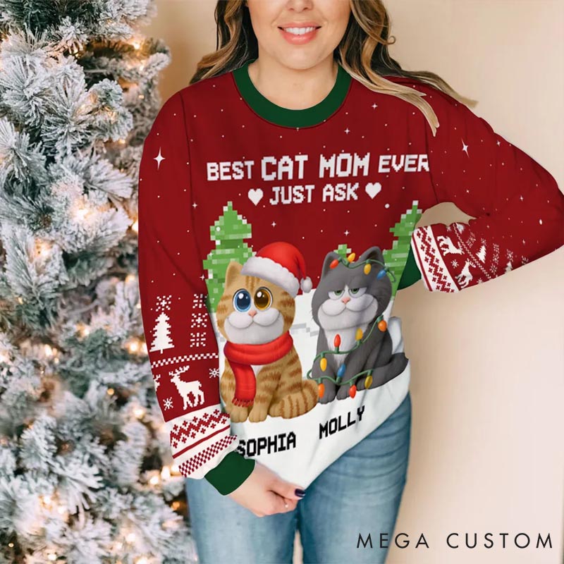 Personalized Cat Lover Best Chunky Cat Mom Christmas Ugly Sweatshirt