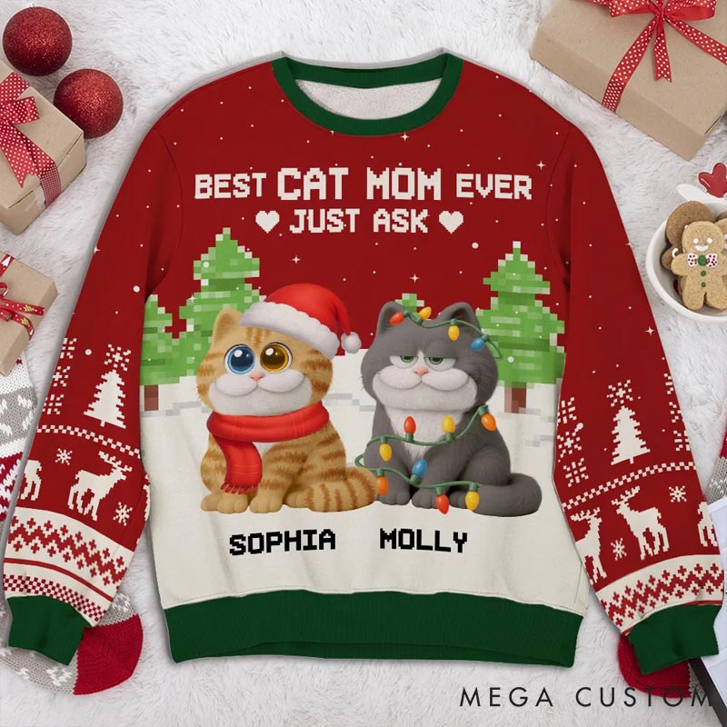 Personalized Cat Lover Best Chunky Cat Mom Christmas Ugly Sweatshirt