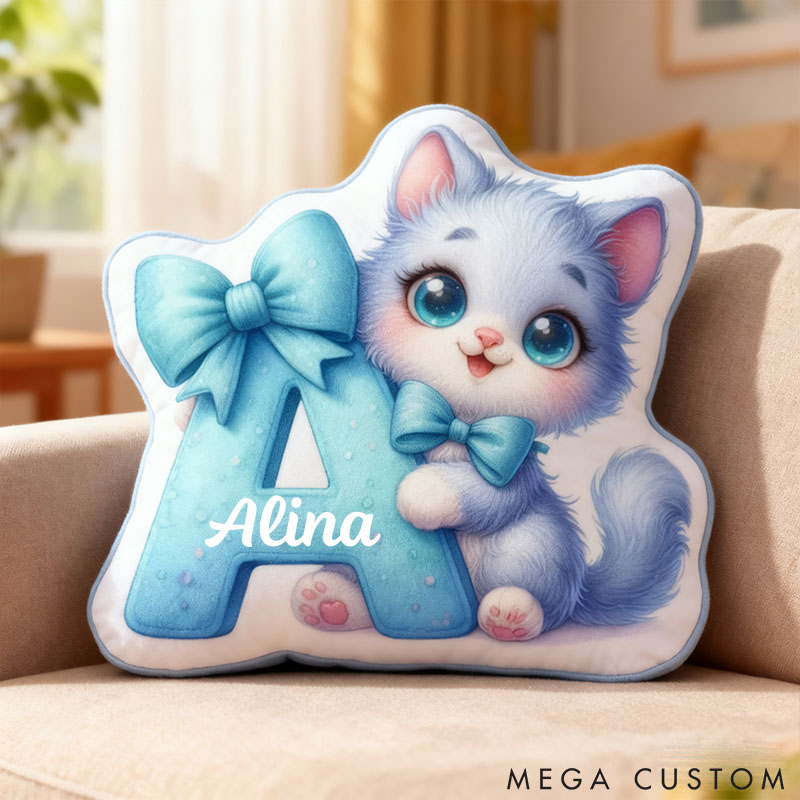 Personalized Cat Lover Cat Blue Bow Cat Letter Pillow with Custom Name Graphic 3D Print