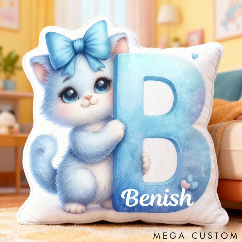 Personalized Cat Lover Cat Blue Bow Cat Letter Pillow with Custom Name Graphic 3D Print