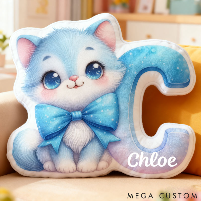 Personalized Cat Lover Cat Blue Bow Cat Letter Pillow with Custom Name Graphic 3D Print