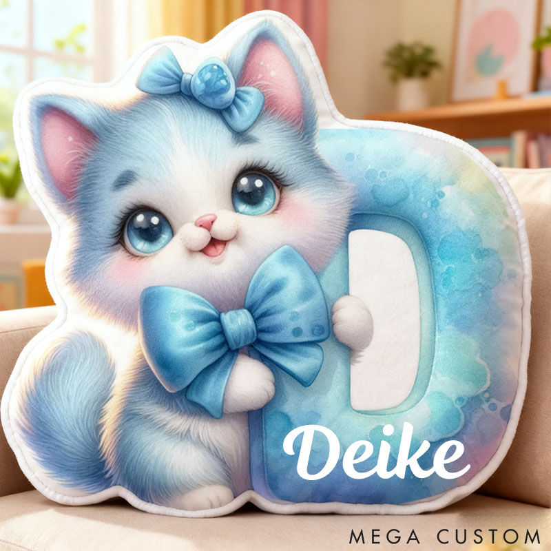 Personalized Cat Lover Cat Blue Bow Cat Letter Pillow with Custom Name Graphic 3D Print