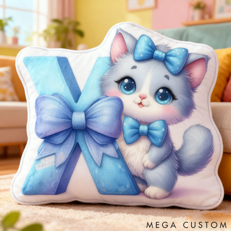 Personalized Cat Lover Cat Blue Bow Cat Letter Pillow with Custom Name Graphic 3D Print