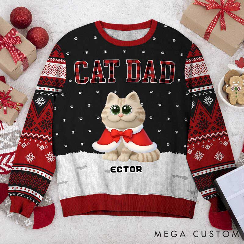Personalized Cat Lover Cat Dad Pattern Christmas Ugly Sweater