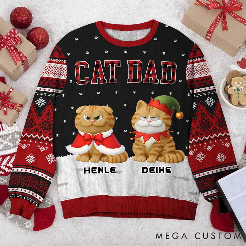 Personalized Cat Lover Cat Dad Pattern Christmas Ugly Sweater