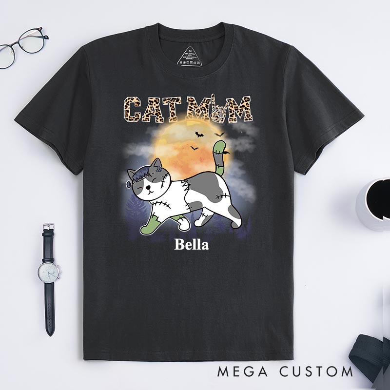Personalized Cat Lover Cat Mom Leopard Print Halloween Gift T-Shirt