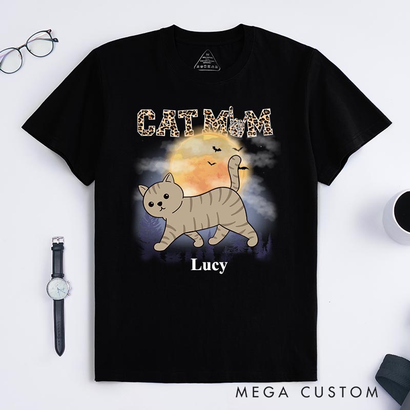 Personalized Cat Lover Cat Mom Leopard Print Halloween Gift T-Shirt