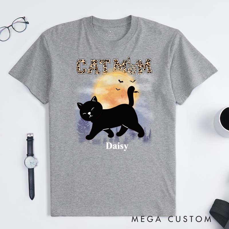 Personalized Cat Lover Cat Mom Leopard Print Halloween Gift T-Shirt