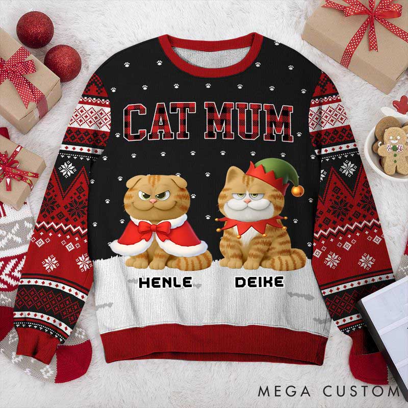 Personalized Cat Lover Cat Mom Pattern Christmas Ugly Sweater