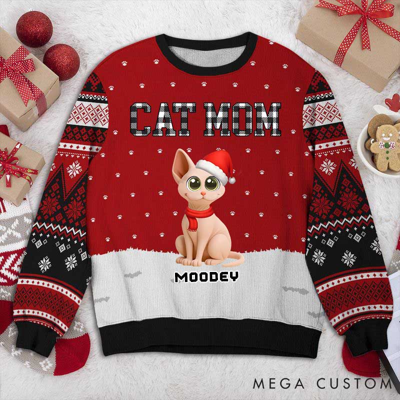 Personalized Cat Lover Cat Mom Pattern Christmas Ugly Sweater