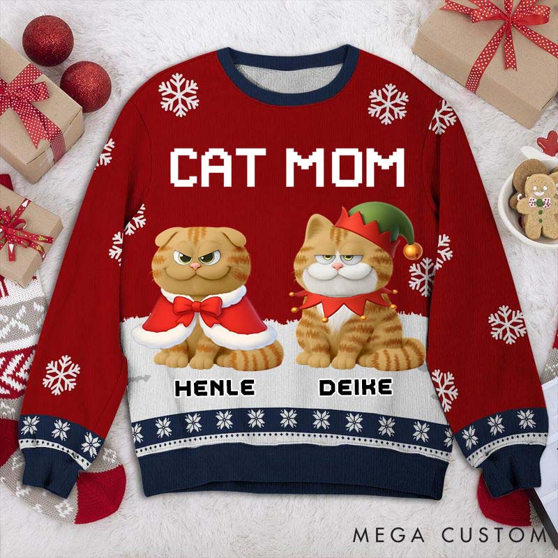Personalized Cat Lover Cat Mom Winter Christmas Ugly Sweatshirt