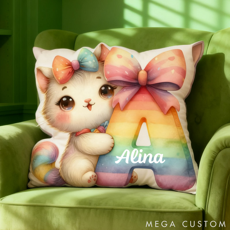 Personalized Cat Lover Cat Rainbow Letter Pillow with Custom Name Graphic 3D Print