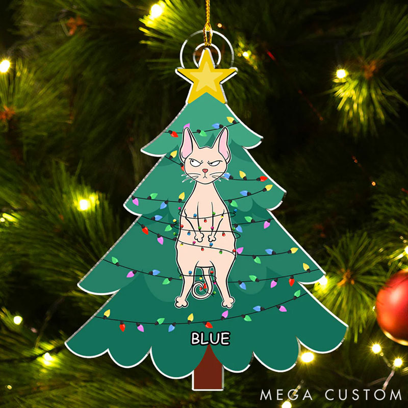 Personalized Cat Lover Cat Stuck in Tree Christmas Ornament