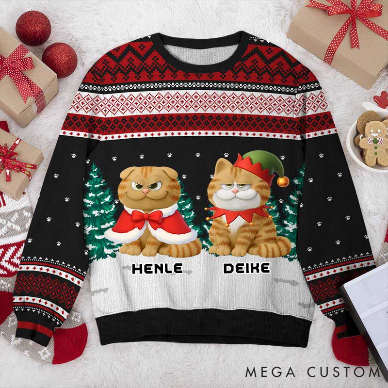 Personalized Cat Lover Cat Walking in Snow Christmas Ugly Sweater