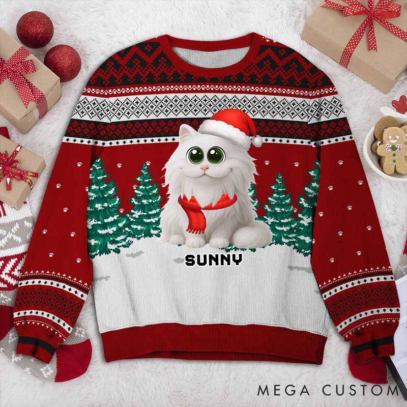 Personalized Cat Lover Cat Walking in Snow Christmas Ugly Sweater