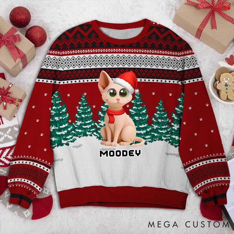 Personalized Cat Lover Cat Walking in Snow Christmas Ugly Sweater
