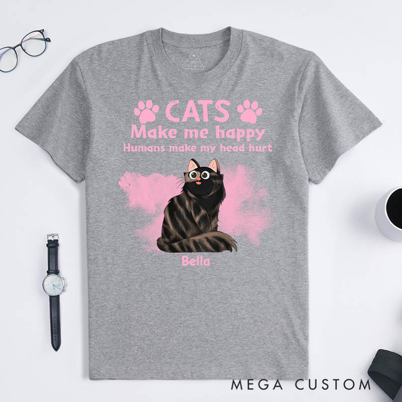 Personalized Cat Lover Cats Make Me Happy Humans Make My Head Hurt T-Shirt