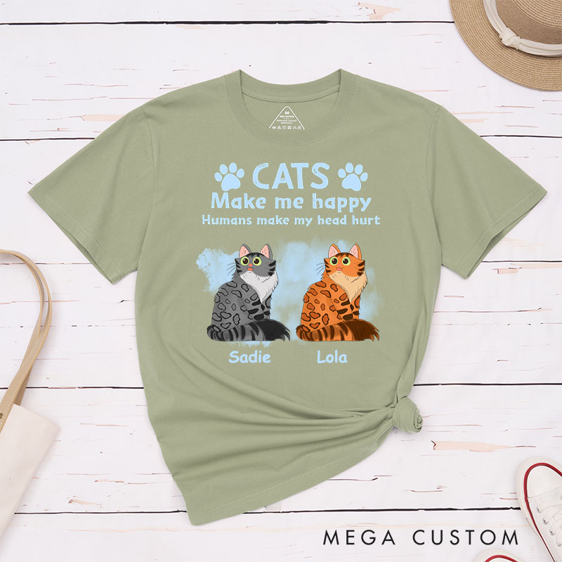 Personalized Cat Lover Cats Make Me Happy Humans Make My Head Hurt T-Shirt
