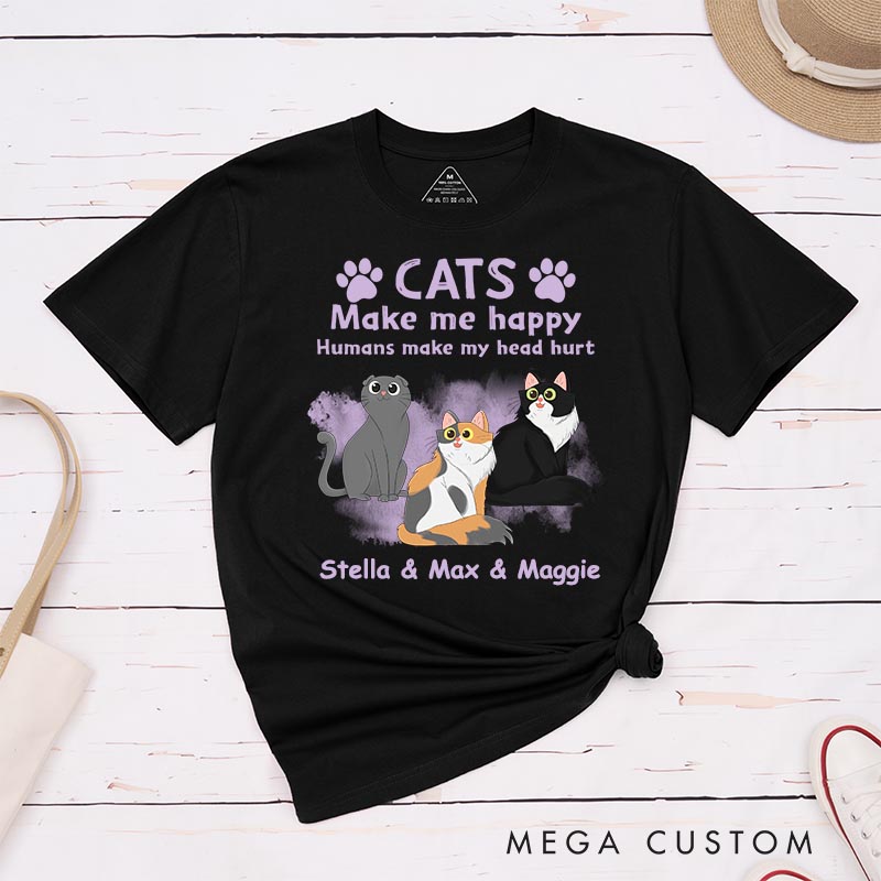 Personalized Cat Lover Cats Make Me Happy Humans Make My Head Hurt T-Shirt