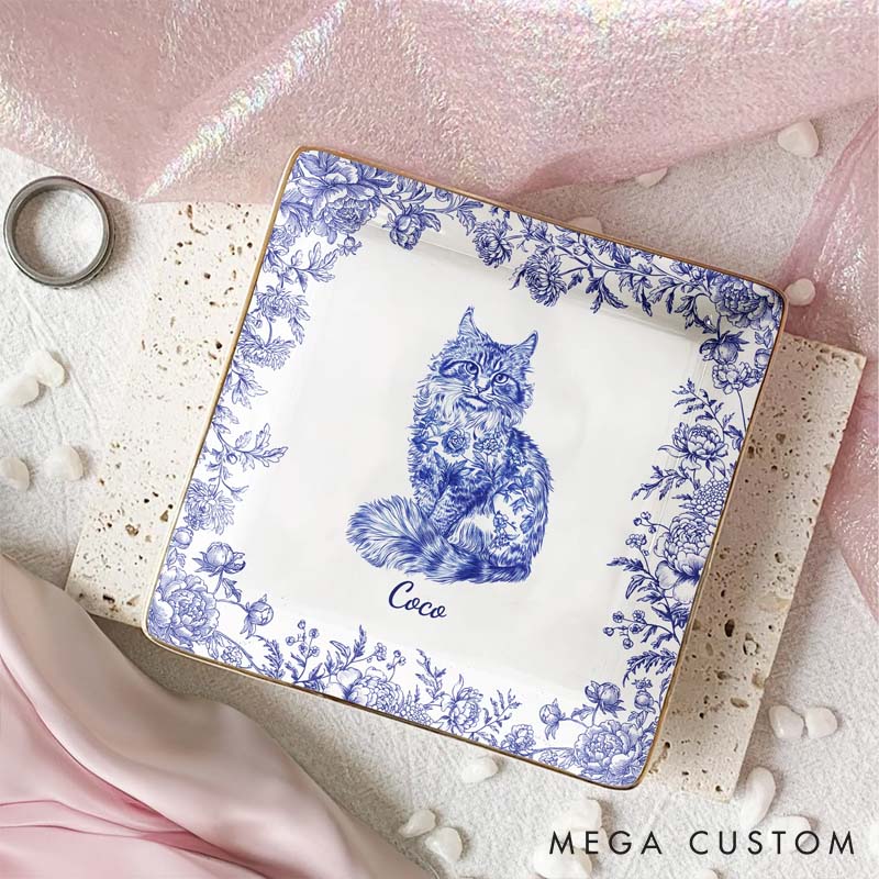 Personalized Cat Lover Chinoiserie Toile De Jouy Style Ring Dishes