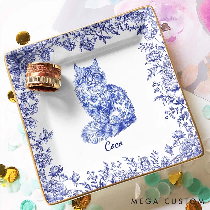 Personalized Cat Lover Chinoiserie Toile De Jouy Style Ring Dishes