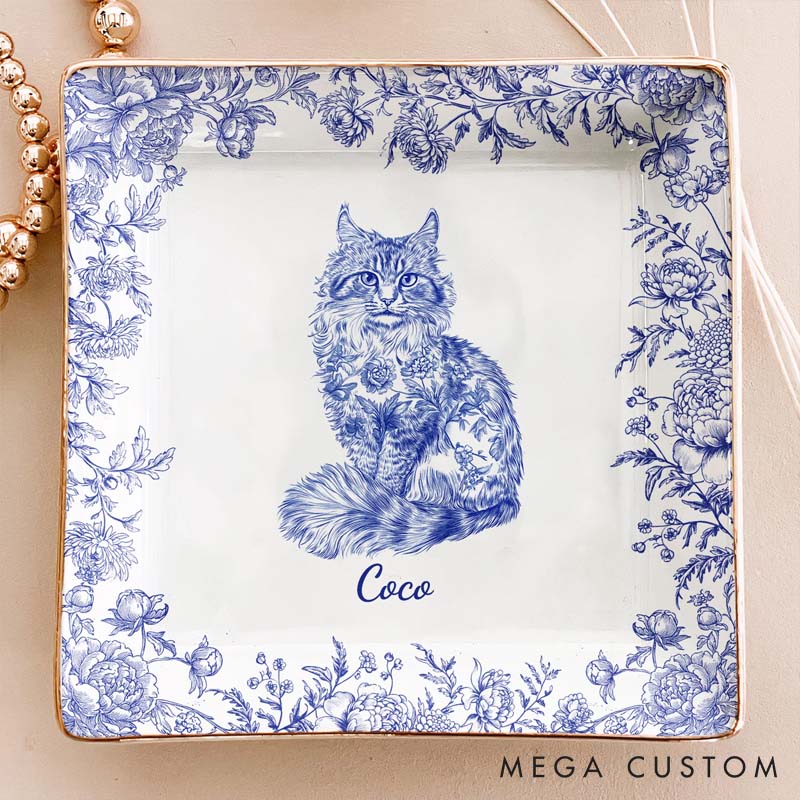 Personalized Cat Lover Chinoiserie Toile De Jouy Style Ring Dishes