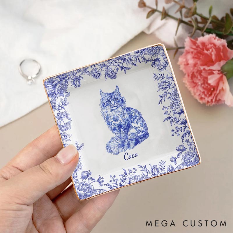 Personalized Cat Lover Chinoiserie Toile De Jouy Style Ring Dishes