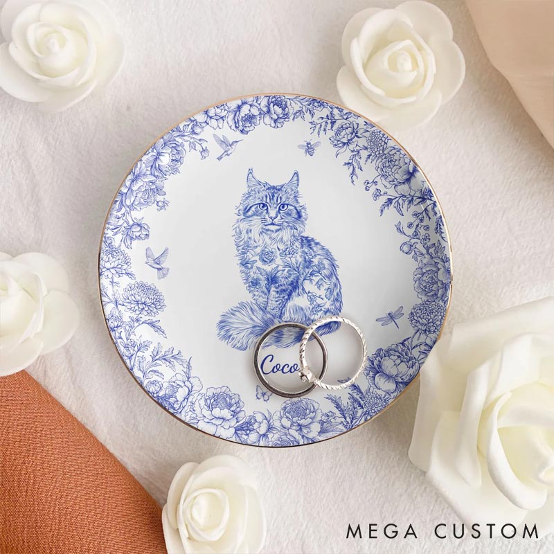 Personalized Cat Lover Chinoiserie Toile De Jouy Style Round Ring Dishes