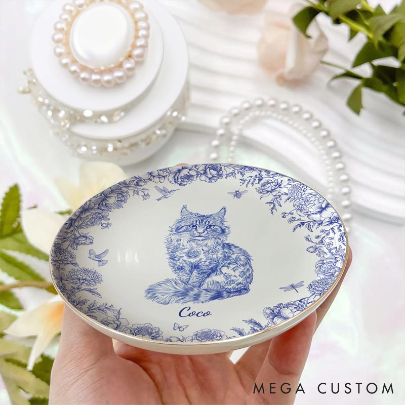 Personalized Cat Lover Chinoiserie Toile De Jouy Style Round Ring Dishes