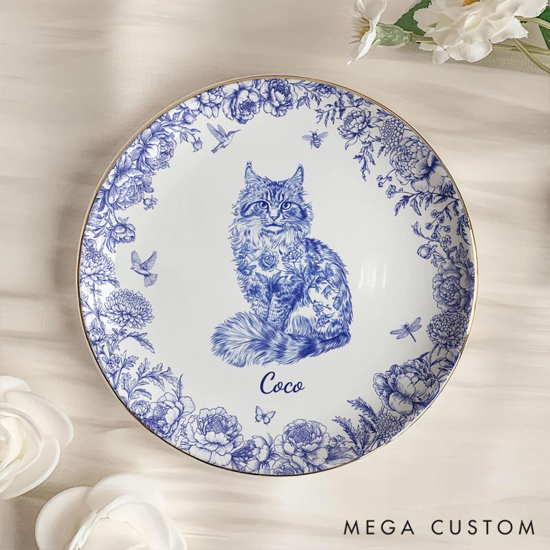 Personalized Cat Lover Chinoiserie Toile De Jouy Style Round Ring Dishes