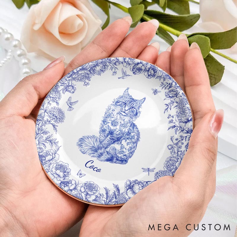 Personalized Cat Lover Chinoiserie Toile De Jouy Style Round Ring Dishes