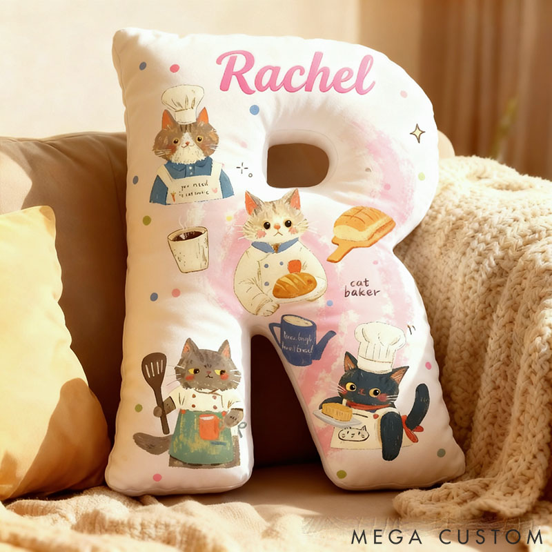 Personalized Cat Lover Cooking Bread Letter Pillow with Custom Name Graphic 3D Print