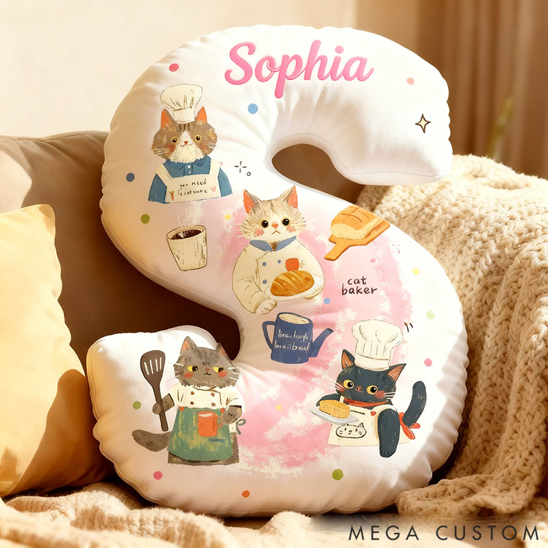Personalized Cat Lover Cooking Bread Letter Pillow with Custom Name Graphic 3D Print