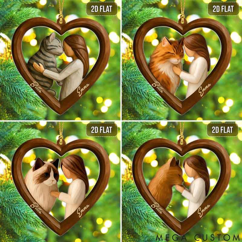 Personalized Cat Lover Girl and Cat in Heart Christmas Ornament