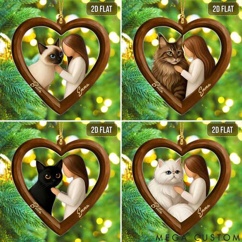 Personalized Cat Lover Girl and Cat in Heart Christmas Ornament