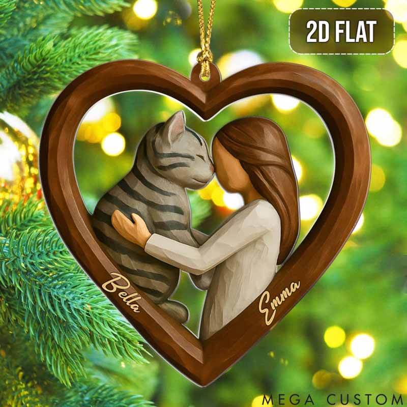 Personalized Cat Lover Girl and Cat in Heart Christmas Ornament